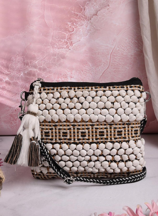 Anekaant Boho White, Black and Mustard Knot Stich Striped Canvas Dari Sling Bag - Image 3